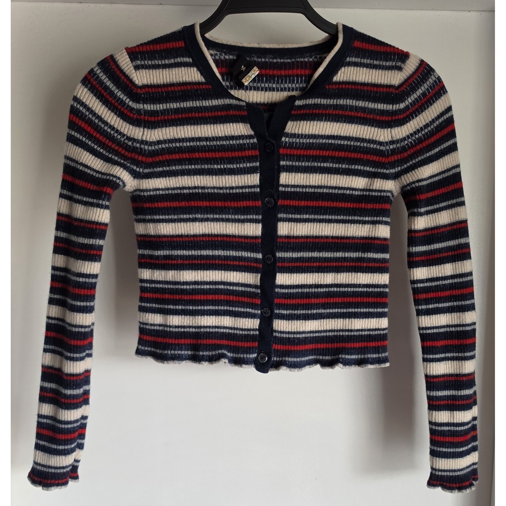 Paule Ka Paris Crop Cardigan S Striped Multicolor Long Sleeve Wool Blend Sweater